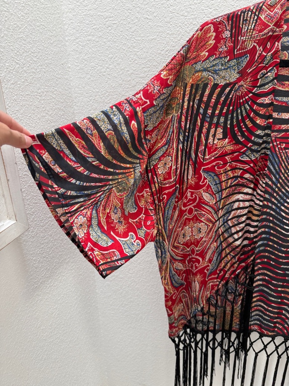 Joseph Ribkoff Red Multicolor Fringe Kimono - Picture 3 of 8